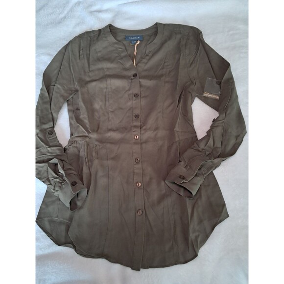 ModCloth Trusty Travel Tie Waist Button Up Top Shirt Olive Green Size XXS - Picture 7 of 12